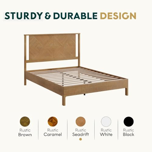 Image of Bme Ethan Queen Bed Frame with Diamond Headboard, Mid Modern, Solid Acacia Wood, No Box Spring Needed, Fits All Mattresses, Rustic Seadrift