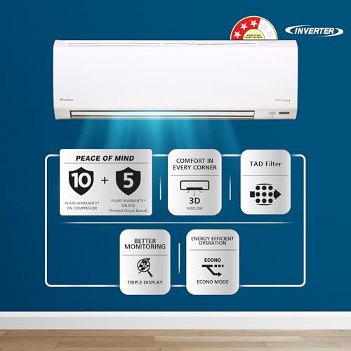 Image of Daikin 1 Ton 3 Star Inverter Split AC (Hepta Sense, Dew Clean Technology, 3 Stage Filteration, Triple Display, Automatic Error Display, DNNS Self Heal, TAD Filter, ATKL35U, White)