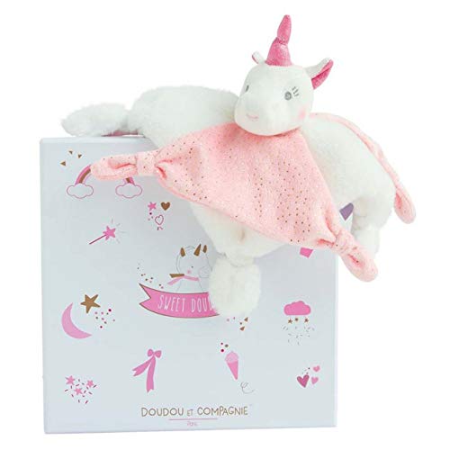Doudou et Compagnie - Doudou Plat Carré Licorne - 22 cm - Rose & Blanc - Collection Lucie La Licorne - Tout Doux pour Bébé - Boite Cadeau - Idée Cadeau Naissance - Garantie Doudou Perdu - DC3277
