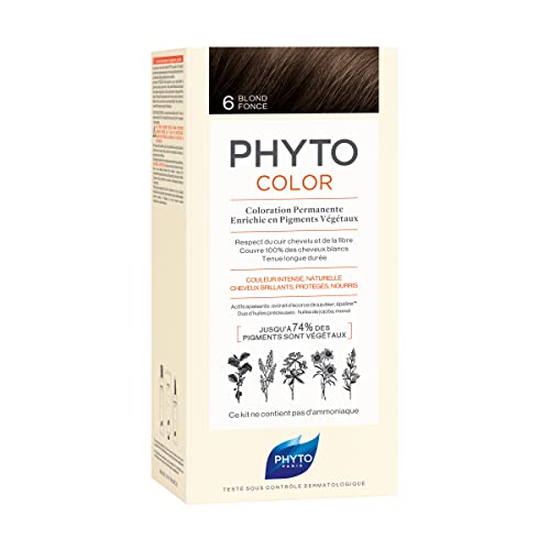 PHYTO Phytocolor Permanent Hair Color, 6 Dark Blonde, with Botanical Pigments, 100% Grey Hair Coverage, Ammonia-free, PPD-free, Resorcin-free, 0.42 oz.