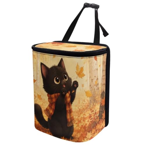 Image of Talayituse Black Cat Maple Print Car Trash Can with Lid, Leak Proof Auto Trash Bag Hanging Vehicle Garbage Can Multipurpose Storage Container for Back Seat Road Trip Autumn Decor