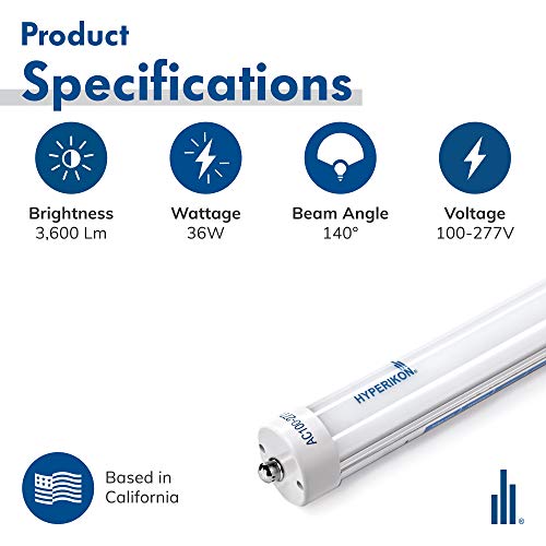Hyperikon 8 Foot LED Tube, T8 T10 T12 36W=75W, Ballast Bypass, Frosted Lens, UL, Crystal White, 20 Pack