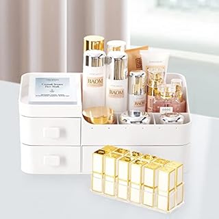 BTGGG Makeup Organiser With Drawers White Multi-function Cosmetic Skincare Organisers With 12 Slots Lipstick Organisers Jewelry Box Organiser Makeup Storage for Desktop Bathroom 33.5*20.5*14.5CM