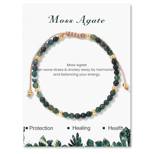GoPaw Edelstein Perlen Armband für Frauen, 4mm Verstellbare Natursteinarmband Perlenarmband Kristall Naturstein Schmuck Armbänder Damen Yoga Armband für Fraun Mädchen Damen (Moosachat)