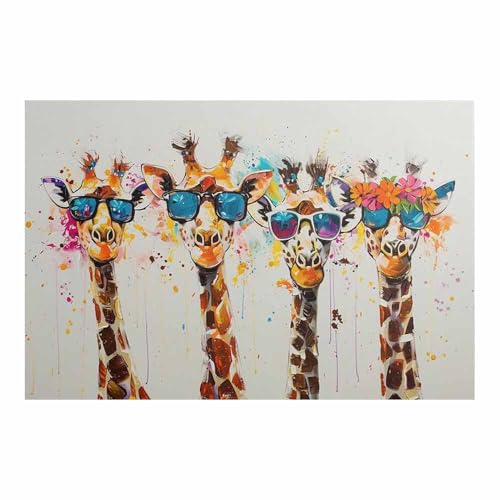 Peinture art déco quatre girafes orange 70x100cm pour décoration murale bohème