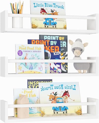 Nursery Book Shelves 16.5 Inch Floating Book Shelves for Wall Set of 3 Baby Nursery Decor Solid Wood Wall Mounted Shelves for Childrens Room Bedroom Bathroom Kitchen and More (Natural White)