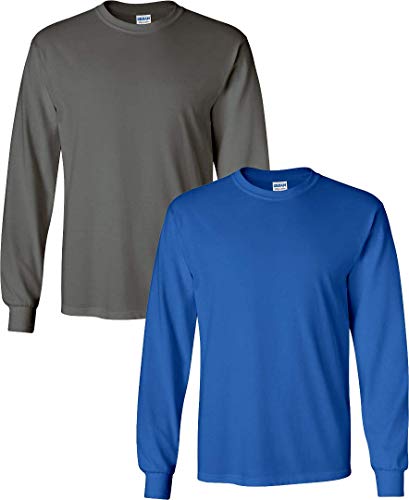 Image of Gildan Men's Ultra Long Sleeve Rib-Knit Cuffs T-Shirt (2-Pack) SML /Charcoal+Royal
