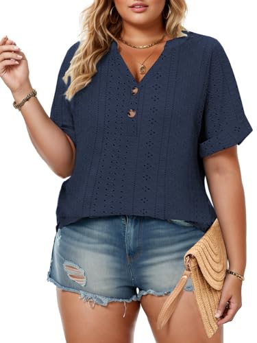 VISLILY Womens-Plus-Size-Summer-Tops Roll Short Sleeve V Neck T Shirts Trendy Eyelet Blouses Cute Buttons Up Tunics Tee