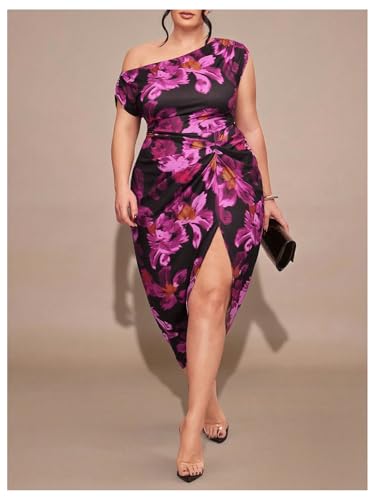 Image of Floerns Women's Plus Size Asymmetrical Neck Long Dress Ruched Slit Hem Cocktail Dress