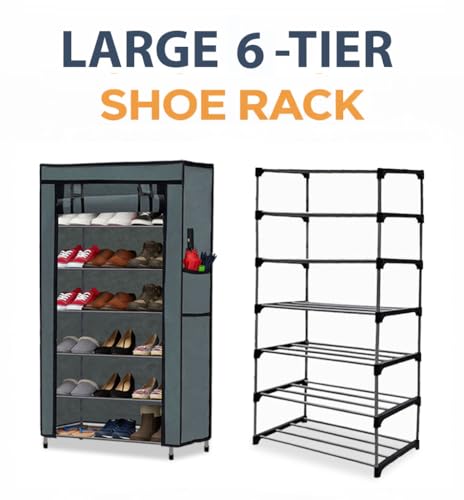 Image of 6 Tier Metal Shoe Rack Organizer | Large Capacity Footwear Storage Stand for Sneakers, Heels, Sandals & Slippers | Space Saving Multi Layer Shoe Shelf for Home, Closet, Entryway & Bedroom