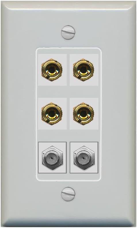 RiteAV 4 Port Banana 2 Speaker Binding Post 2 Coax Wall Plate - 1 Gang Decorative [Stainless/White]