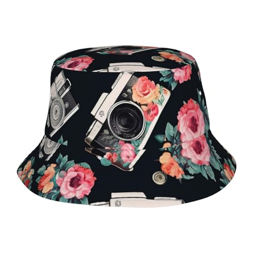 Unisex Cute Bucket Hat Summer Travel Fisherman Cap Flower Camera Beach Travel Sun Hat Outdoor Cap Black