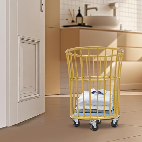 Image of Wire Metal Rolling Laundry Basket on Wheels | Mesh Wire Laundry Basket Storage Cart for Bathroom Bedroom Dirty Clothes Storage,11.8in Base Diameter, 14.2(D)x15.7in(H)