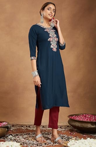 Image of Janasya Women's Navy Blue Rayon Embroidered Straight Kurta