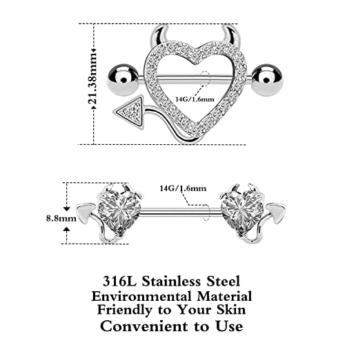 Body16G Czcz Devil Nipple Barbells 316L Stainless Steel Heart Shape Devil Cubic Zirconia Nipple Ring Nippleshield Piercing Body Piercing For Women(Silver) #TOP1