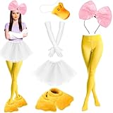 7 PCS Halloween Duck Costume for Women - Includes Duck Nose House Slippers Yellow Footed Tights Bow Headband Bowknot Hair Hoop Elbow Length Party Gloves Layered White Tutu Skirt for Adult Cosplay