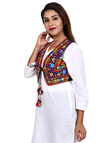 Image of Craft Trade Women's Cotton Embroidered Kutchi Jacket with Tassels Sleeveless Mirror Work