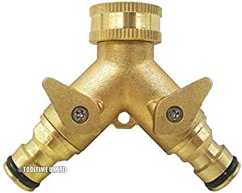 TooltimeVoche Solid Brass 2 Way Double Dual Outside Garden Tap Adaptor & Hose Connectors