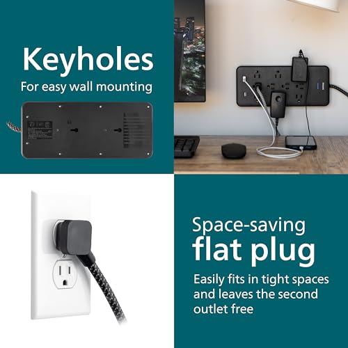 Image of Philips Surge Protector Power Strip, 6 Ft Braided Extension Cord, 2880 Joules, 10 Outlet Extender (Wide Spaced), 2 USB-A, Flat Plug, Home Office Dorm Essentials, ETL Listed, Black, SPP3403B /37
