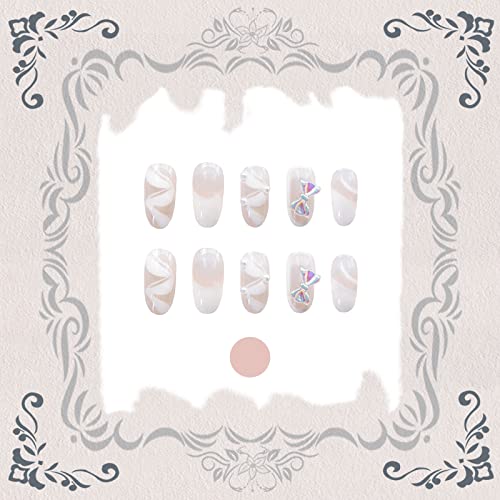 Votacos Press On Nails Short Round Fake Nails Nude False Nails With 3D Kawaii Bow Knot Design Glossy Stick On Nails For Women #TOP2