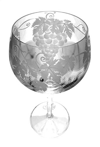 Incisoart Hand Etched Italian Crystal Goblet Sandblasted (Sand Carved) Handmade Wine Water Glass Engraved (Grapes Leaves, 500 Milliliter (17 Ounce) Red Wine) #TOP28