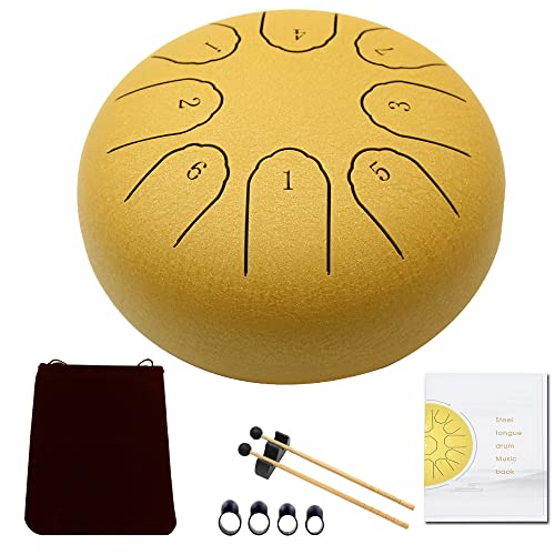 Juuxaan Steel Tongue Drum, Lotus Hand Pan Drum Kit With Drum Carry Bag, 4Pcs X Finger Loops Instrument With Drum Mallets 1Drumstick Frame Music Scores(6 Inches, Gold) #TOP4