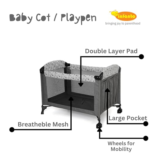 Image of Infanto Portable Baby Playpen Cum Cot with Travel Bag | Easy Fold Compact Design | 2 in 1 Functionality Crib | Double Layer Pad | Breathable Mesh Baby Bedside Crib with Playpen for Babies | Grey