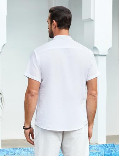 Enlision Camisa Blanca Hombre Lino de Algodón Manga Corta Cuello Mao Camisas Casual para Hombres Verano Playa Henley Camisetas con Botónes Tops XL