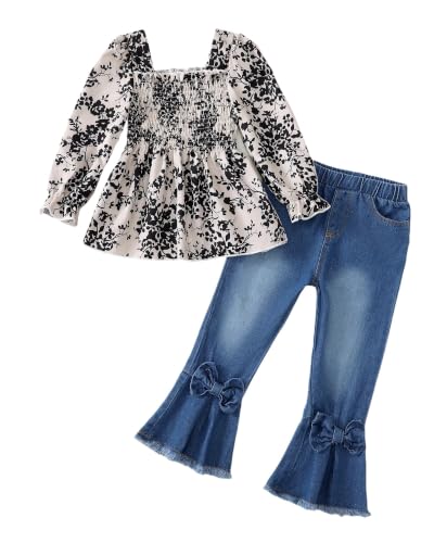 Image of Kucnuzki Toddler Kids Girl Clothes Long Sleeve Shirt Tops Baggy Jeans Cute Pants Set Baby Girl Outfit 2 Piece Clothing