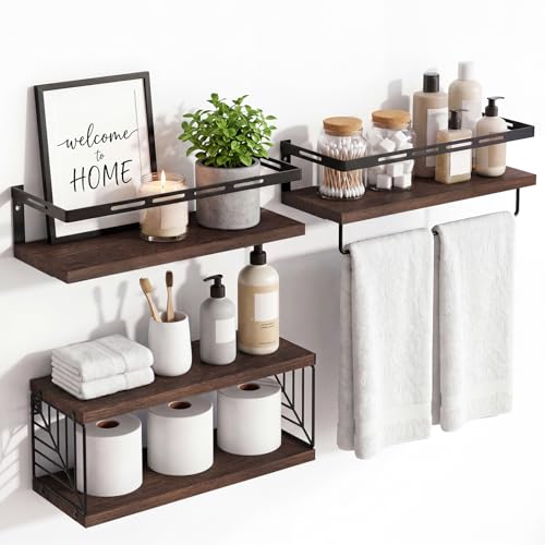 Fixwal Wall Mounted Bathroom Shelves Over Toilet, Rustic Wood Floating Shelves with Metal Frame and Towel Bar for Bathroom, Kitchen, Bedroom, Living Room (3 Plus 1 Dark Brown)