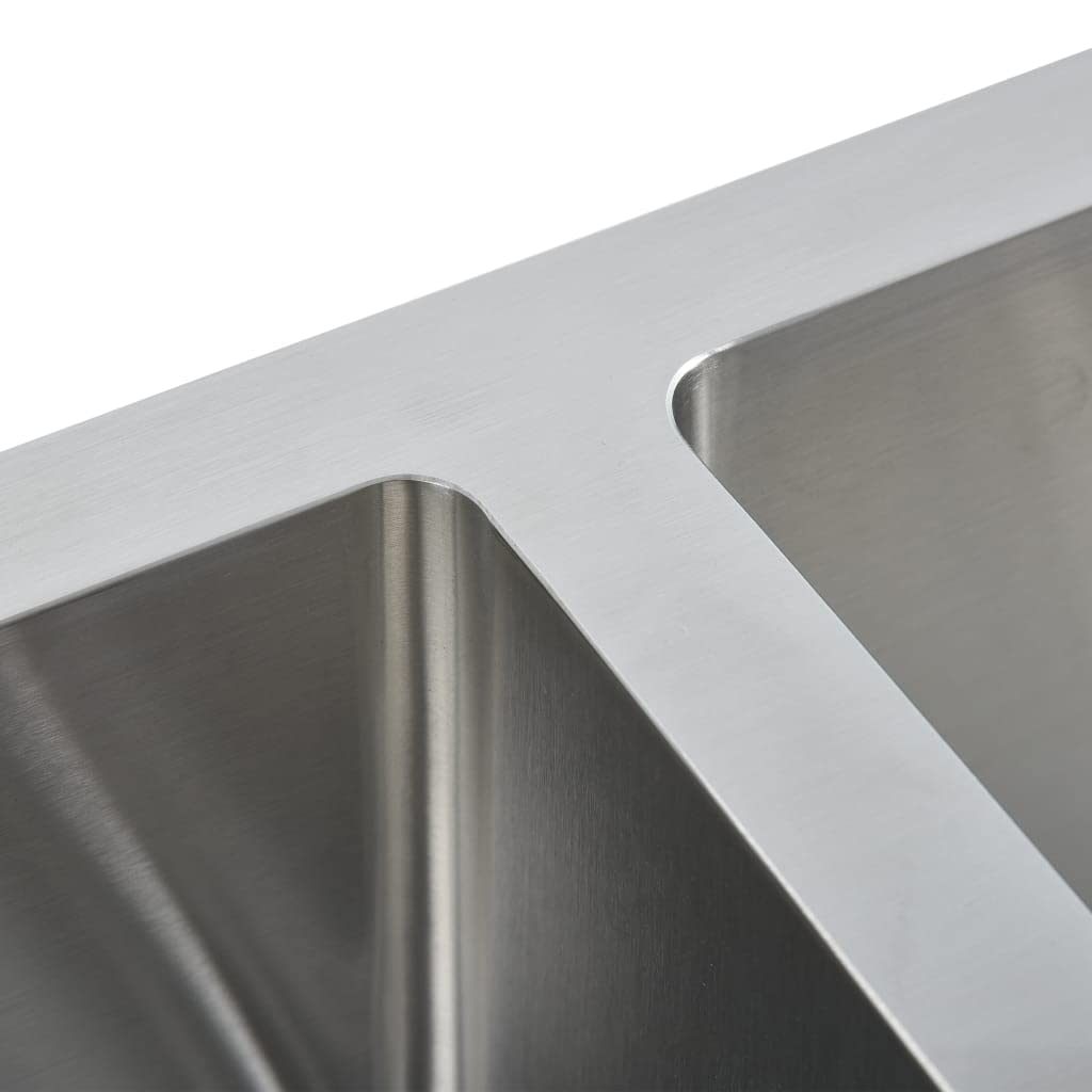 vidaXL Fregadero Cocina Hecho a Mano Doble Seno Grado Alimentario Diseño de 2 Seno Extraprofundo Flujo Rápido Acero Inoxidable