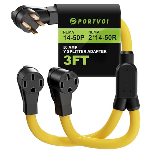 Portvoi 50 Amp Y Splitter Adapter Cord for RV and EV 4 Prong 250V NEMA 14-50P to 2X 14-50R ETL Listed Heavy Duty 6/3+8/1 AWG 3 Feet Power Extension Cord for Trailer Camper Charging