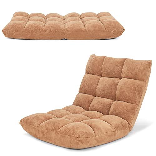Image of COSTWAY Floor Chair, Video Gaming Chairs with Back Support, Adjustable 14-Position, Alloy Steel Frame, Soft Coral Fleece, Lazy Sofa Lounge for Reading Living Room Recliner for Adults Kids, Beige