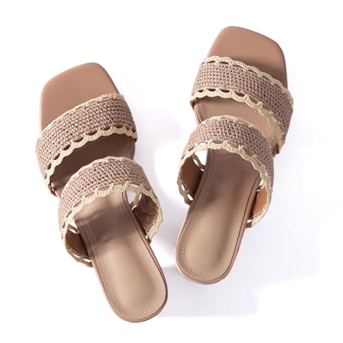 N.N.G Women's Crochet Block Heel Sandals, Nude with Lace Trim, 2 Inch Heel, Double Band Slip-on Size 8 — view 6