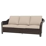 Qsoer 77 inch Outdoor Wicker 3 Seater Sofa, All-Weather Use Patio Rattan Sofa with Seat and Back Cushion, Ideal for Porch, Backyard, Balcony, Poolside, Beige