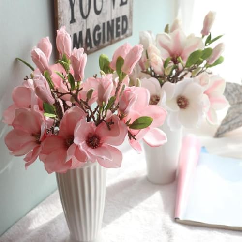 Weiße künstliche Magnolie, künstliche Seidenblume, Einzelblumen, Heimdekoration, Wohnzimmer, Schlafzimmer, Garten, Party, Hochzeit, Dekoration in Töpfen, Vasen für Schreibtisch, Tisch, künstliche