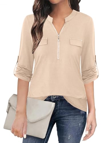 BEPEI Womens 3/4 Sleeve Shirts Zip up V Neck Work Blouses Dressy Casual Top Beige XL - Thumbnail 3