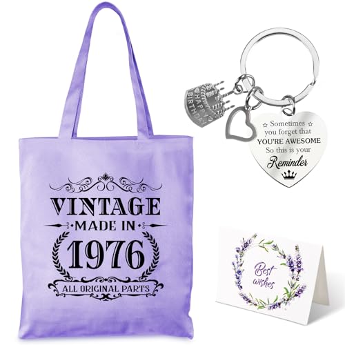 TUZELIYA 50th Birthday Gifts for Women Purple Vintage 1976 Canvas Tote Bag Gift with Keychain Greeting Card for Her 50th Birthday Present Decorations for Mum Sister Wife Aunt Best Friends Colleague