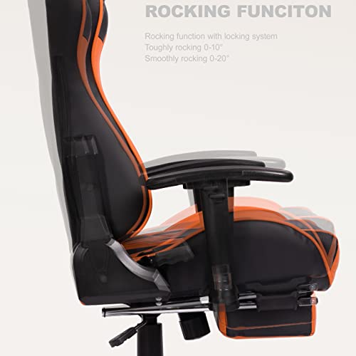 Ohaho Gaming Chair Racing Style Office Chair Adjustable Massage Lumbar Cushion Swivel Rocker Recliner Leather High Back Ergonomic Computer Desk Chair With Retractable Arms And Footrest (Black/Orange) #TOP3