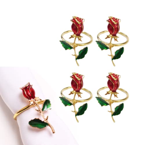 Serviettenringe - 4 Stück Valentinstag Rose Blume Serviettenring Halter Metall Serviettenschnalle für Hochzeit, Jubiläum, Weihnachtsfeiertag, Party Esstisch Dekoration Cover