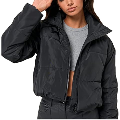HEZIOWYUN Cropped Puffer Jackets for Women Quilted Lightweight Padded Stand Collar Zipper Puffer Coat Bomber Jacket (Black,X-Large) Cover