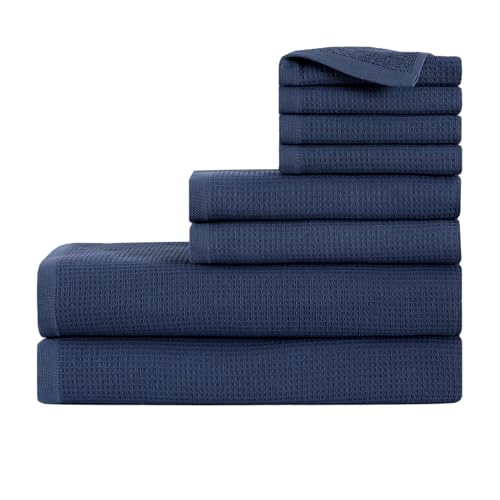 sea me at home 100% Turkish Cotton Dual-Sided Waffle and Terry Towel Set - Ultra Absorbent, Soft & Quick Dry - Bath Towels, Hand Towels & Washcloths (Dusty Blue, 8-Piece Complete Towel Set)