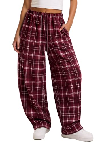 Sampeel Y2K Pants Women Christmas Outfits Barrel Sweatpants Plaid Red L