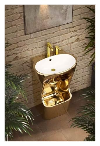 Space-Saving Muslim Wudu Ablution Basin, Vertical Ceramic Wash Sink with 360° Rotating Faucet, Dual Level Pedestal Design for Foot & Face Washing, Wall-Mounted Complete Set with Accessories(G)