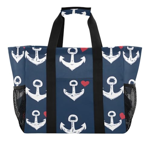 Large Waterproof Travel Tote Bag for Women Men, Sea Anchor Loves Heart Canvas Beach Bag with Lining & Pockets - Reusable Grocery/Laundry/Kitchen/Pool/Picnic Tote (15.4x9.8x12.8in)