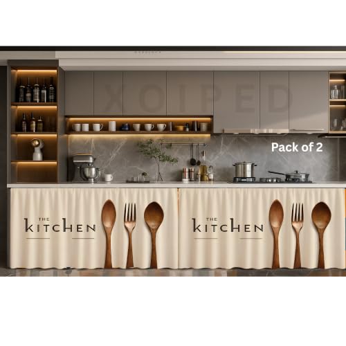 Image of Under Sink & Counter Curtain for Modular Kitchen - Printed Fabric Rod Pocket Hanging Skirt, Washable Under-Counter Cover, Pack of 2 Panels (Each Panel: 150 x 70 cm) (Cream Sink)