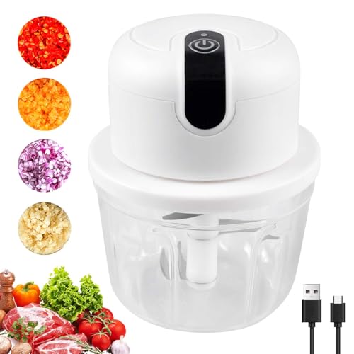 Picadora Electrica, 300 Ml Trituradora de Alimentos, USB Picadora Electrica de Alimentos con Recipiente de Cristal, Multifunción Picadora de Cocina Eléctrica, Trituradora para Cebollas, Ajos, Carne