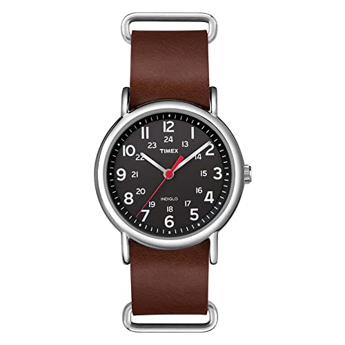 Timex Unisex Weekender 38mm Watch – Silver-Tone Case Black Dial with Brown Leather...