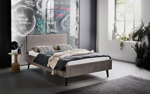 Polsterbett Avola 140 x 200 cm mit Kopfteil glatt & Stoffbezug Poso Cord – Bett, Jugendbett, Bettgestell, Einzelbett – Taupe