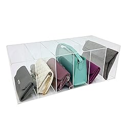 6 compartment clear purse storage box holding various purses.